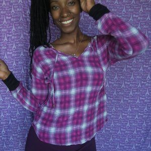Juicy Couture plaid flannel blouse gauzy long sleeve top in purple and gray XS